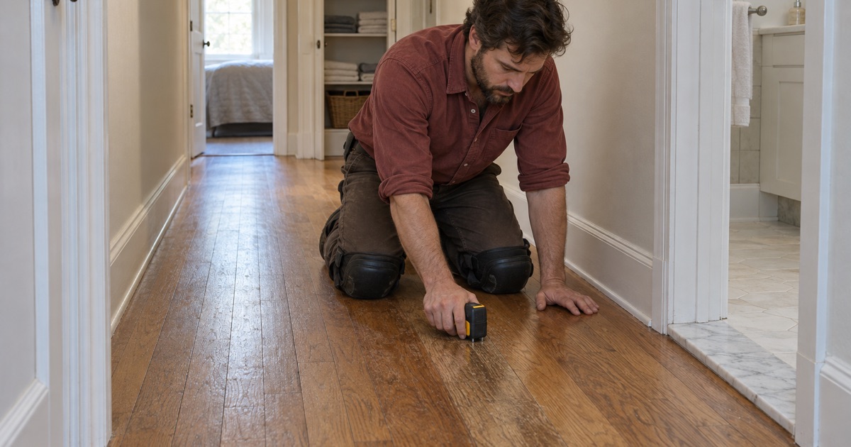 Worker taking a moisture reading on an oak floor in the hallway of an Arcadia ranch house before quoting the job.
