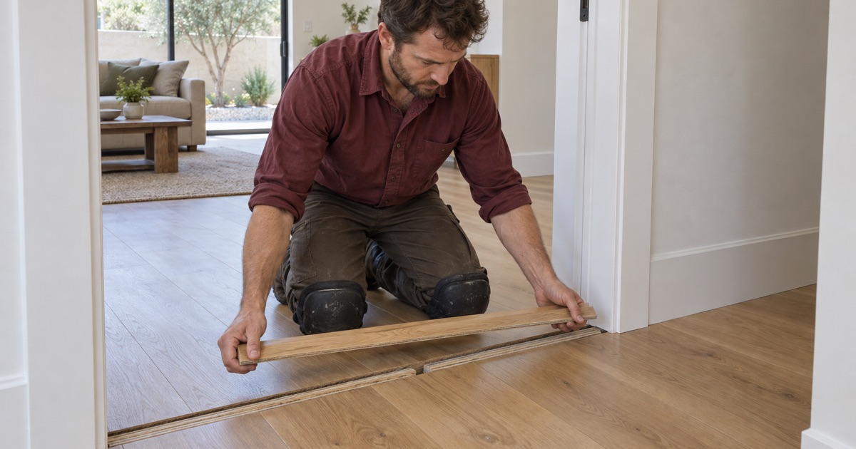 Worker lifting a doorway threshold off engineered oak flooring in an Arcadia home to see how thick its wear layer is before any sanding is promised.