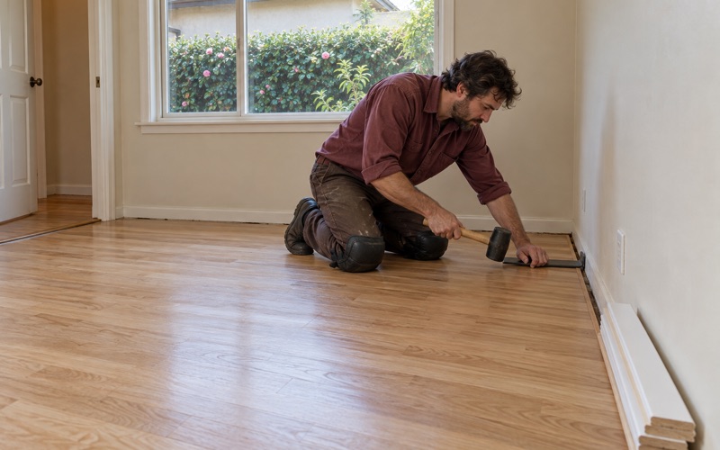 Worker pulling the last row of new white oak flooring tight against a wall with a pull bar in a bedroom of an Arcadia ranch house.