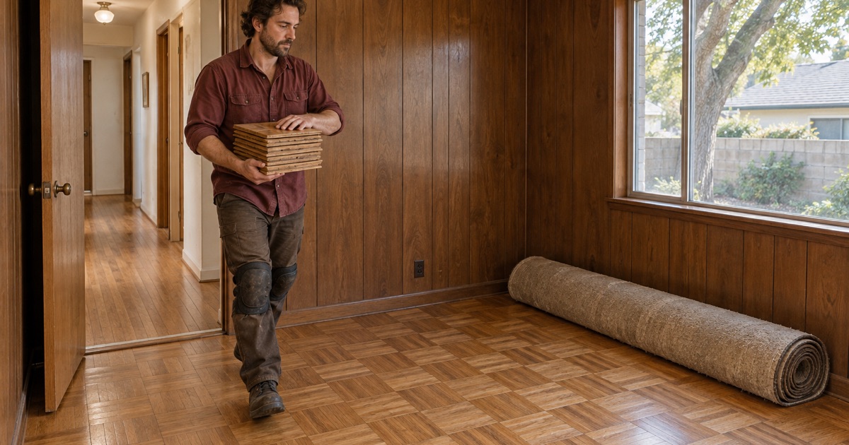 Worker carrying a stack of original oak parquet squares across a mid-century den in Arcadia where the parquet meets an oak strip hallway.