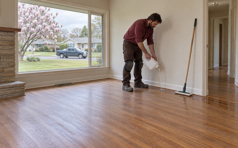 Worker pouring a line of fresh finish onto a screened oak floor in an Arcadia living room before spreading the new coat.
