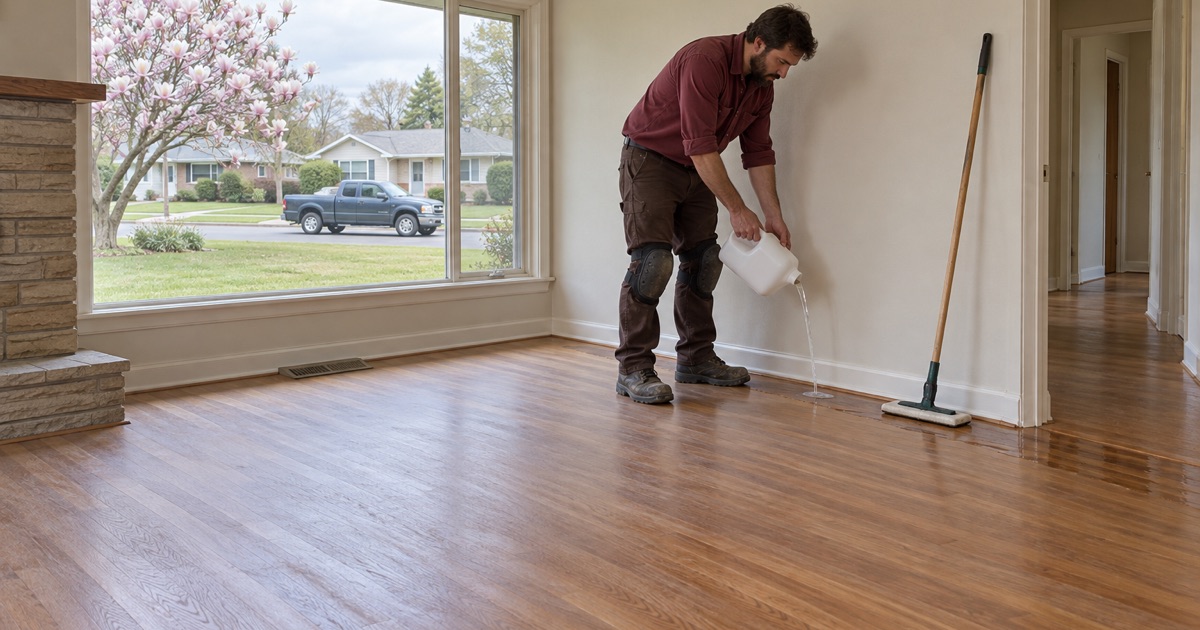 Worker pouring a line of fresh finish onto a screened oak floor in an Arcadia living room before spreading the new coat.