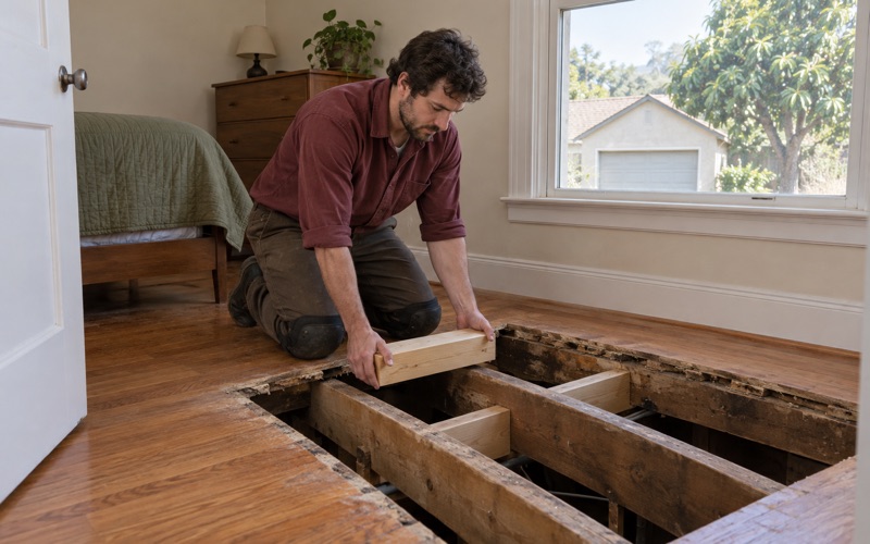 Worker dropping new solid wood blocking between floor joists where a sagging section of floor has been opened up in an Arcadia house.