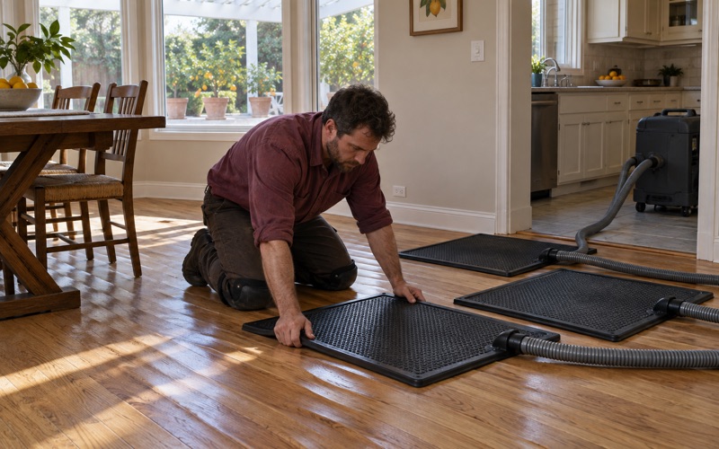 Worker pressing a drying mat onto cupped oak boards beside a kitchen doorway in an Arcadia home after a dishwasher leak.