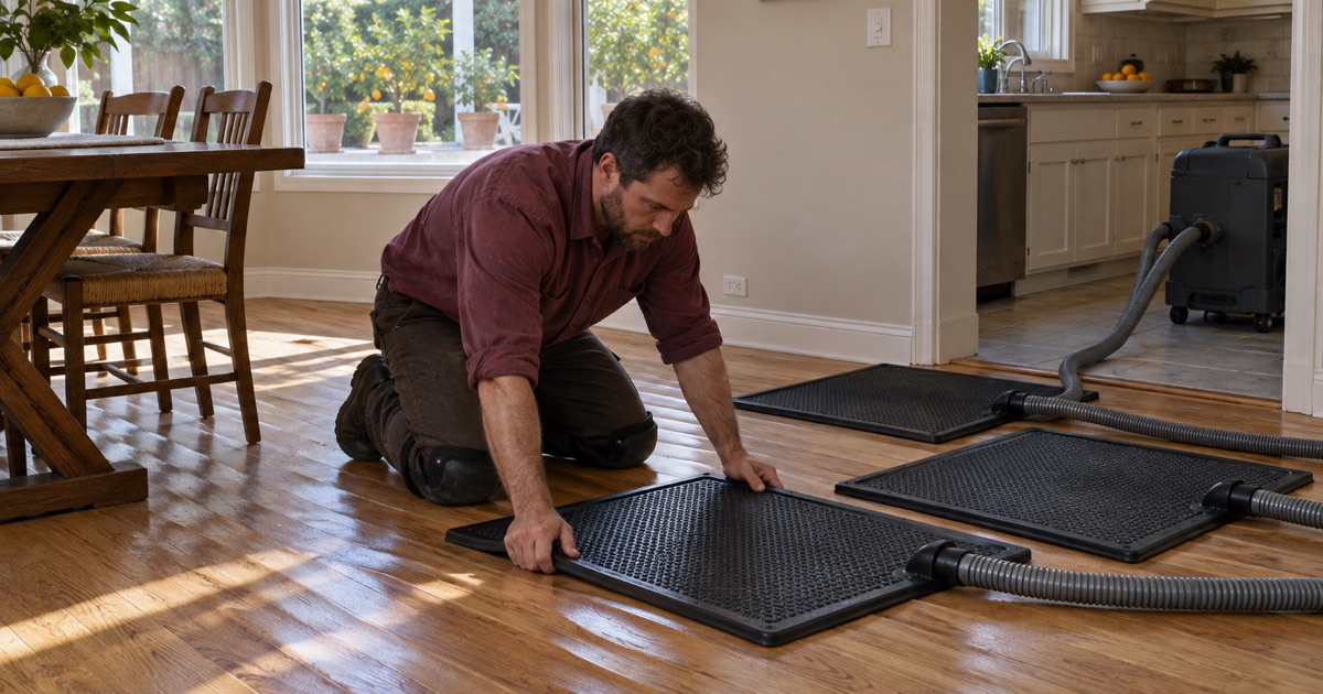 Worker pressing a drying mat onto cupped oak boards beside a kitchen doorway in an Arcadia home after a dishwasher leak.