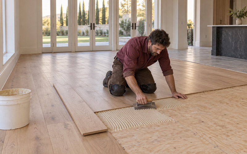 Worker spreading flooring adhesive with a notched trowel ahead of wide white oak planks in the great room of a large new Arcadia house.