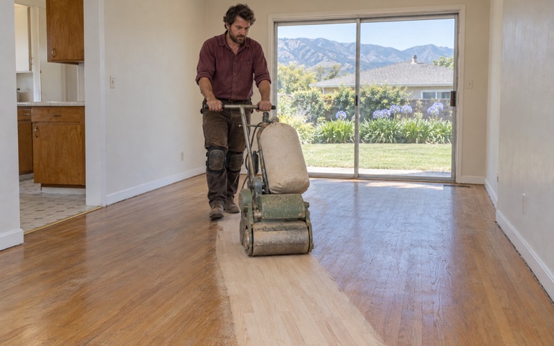 Worker running a drum sander along red oak strip flooring in the dining room of a 1950s ranch house in Arcadia, bare wood opening up behind the machine.