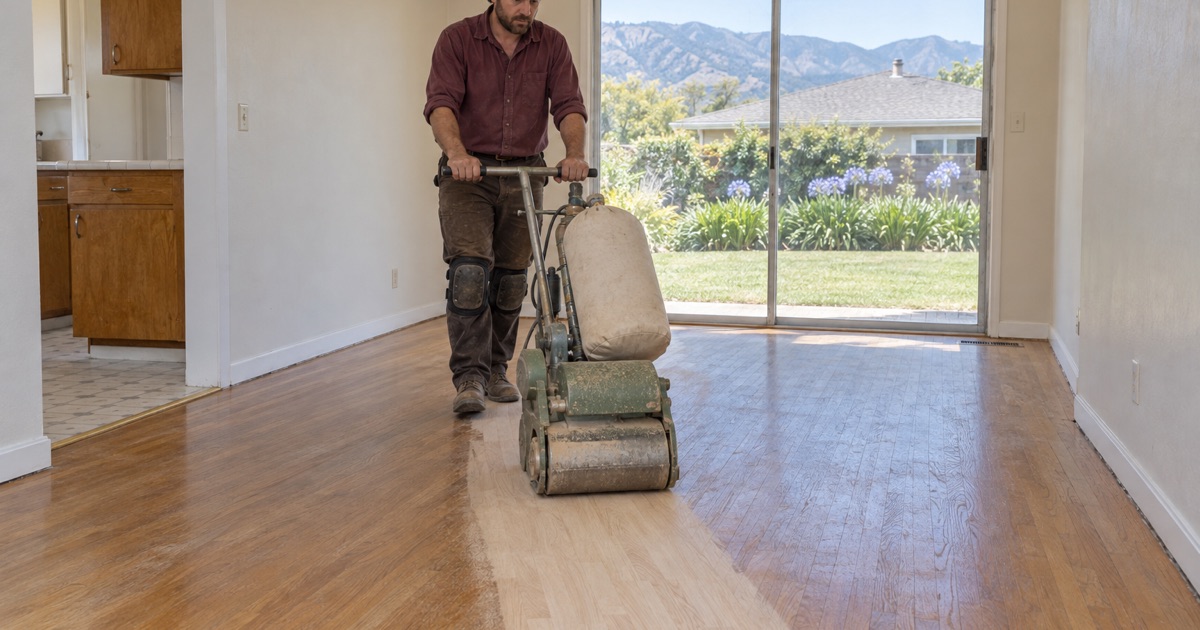 Worker running a drum sander along red oak strip flooring in the dining room of a 1950s ranch house in Arcadia, bare wood opening up behind the machine.