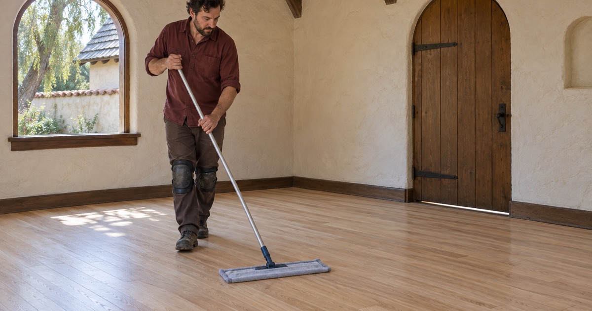 Worker running a flat microfiber mop over freshly sanded oak in a 1920s Storybook cottage in Alhambra before the first coat of finish.