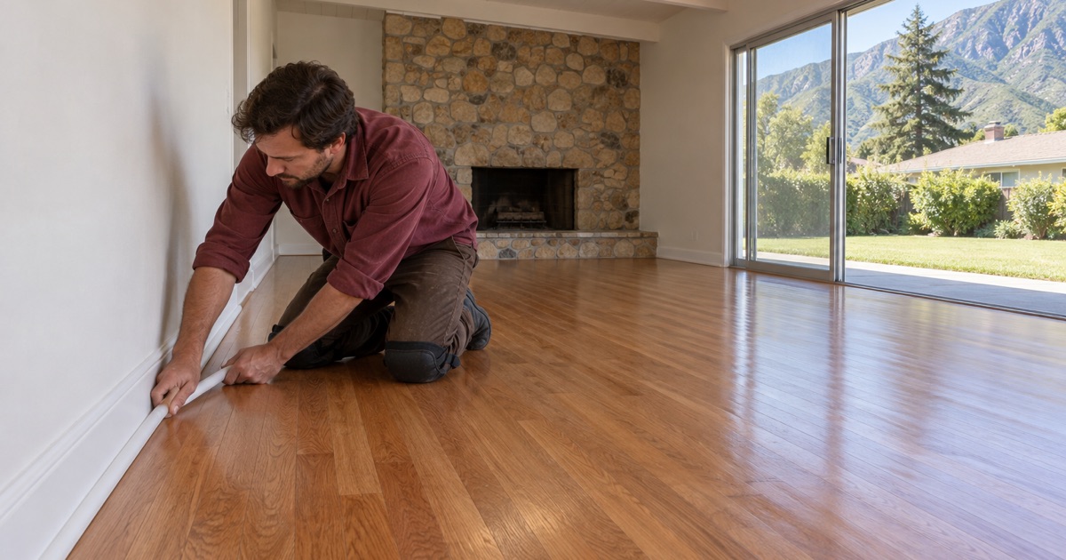 Worker pressing new shoe molding into place along a freshly refinished oak floor in a 1950s ranch house in Arcadia, the San Gabriel Mountains beyond the sliding door.