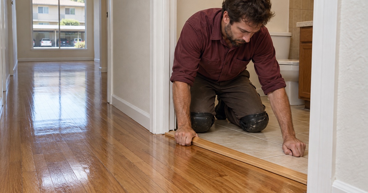 Worker setting a new oak reducer at a bathroom doorway during a unit turnover in a 1980s apartment building in Baldwin Park.