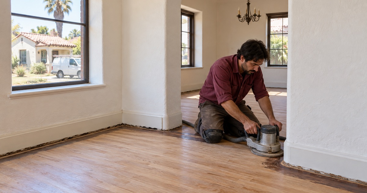 Worker running an edger through a round-arched opening on the original oak floor of a Spanish Colonial bungalow in El Monte.