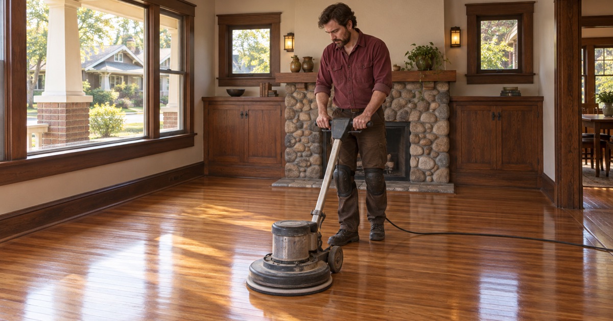 Worker buffing a restored original oak floor in the front room of a prewar Craftsman bungalow in Monrovia.