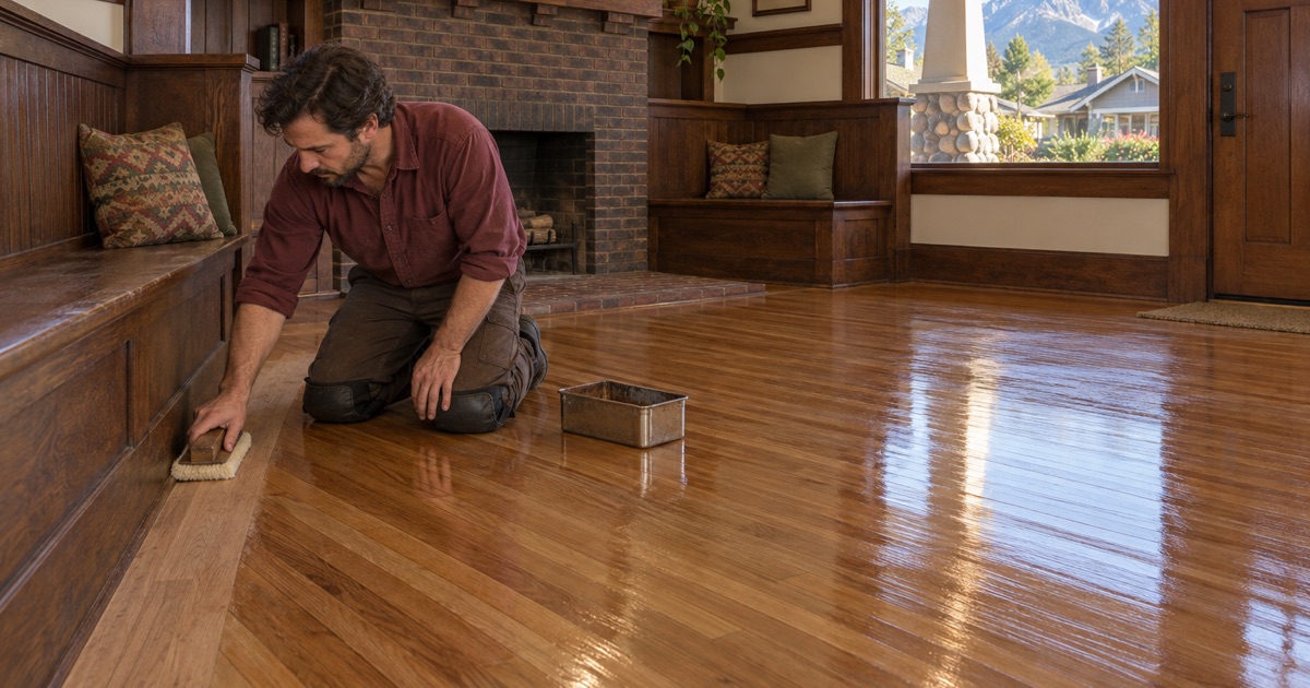 Worker applying finish along a fir inglenook bench on a restored original oak floor in a Bungalow Heaven Craftsman house in Pasadena.