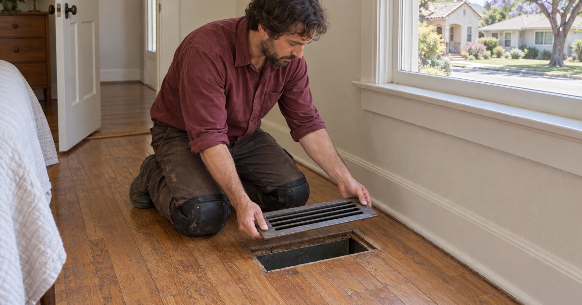 Worker lifting a floor register out of an oak floor in a Rosemead house to read the board profile and date the original floor.