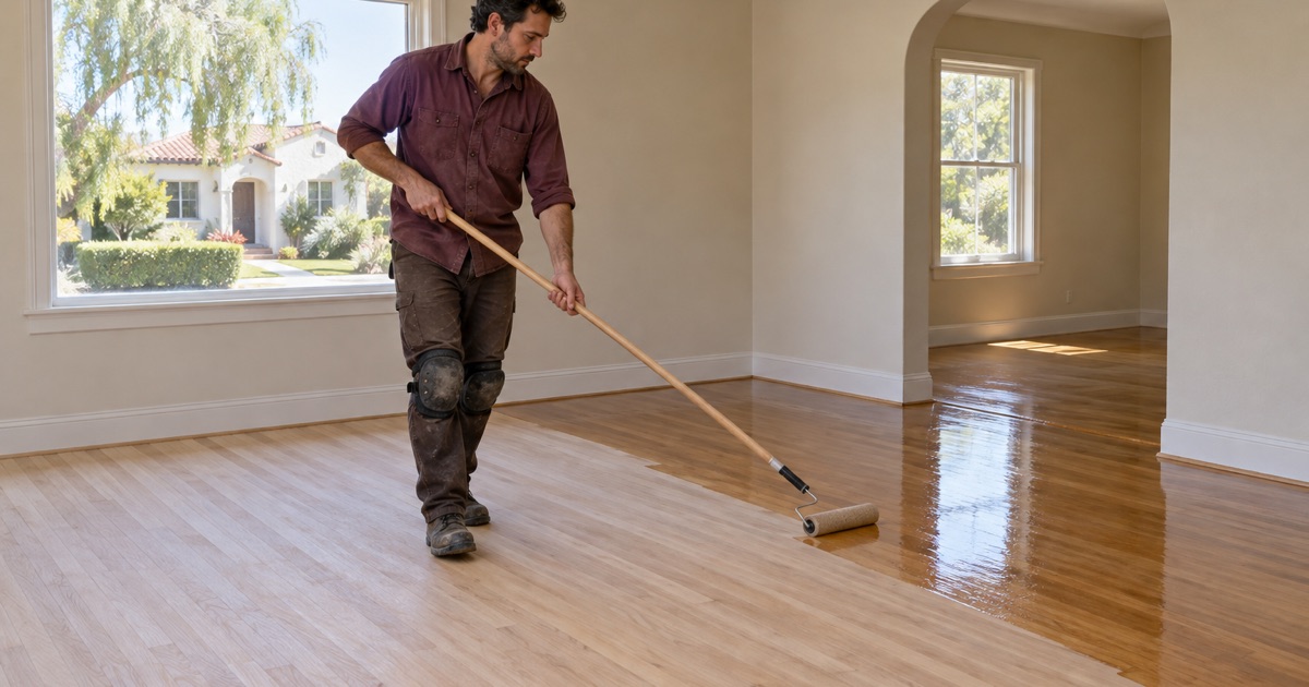 Worker rolling a coat of finish onto the oak floor of a small 1940s house in San Gabriel.