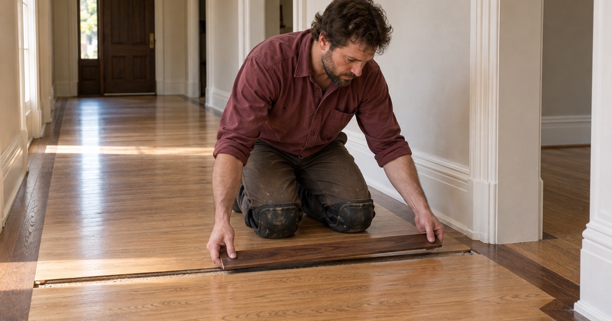 Worker fitting a new walnut border strip into the original oak floor of a large Period Revival house in San Marino.