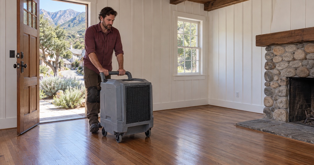 Worker wheeling an air scrubber across an intact oak floor into a foothill cottage in Sierra Madre ahead of floor work.