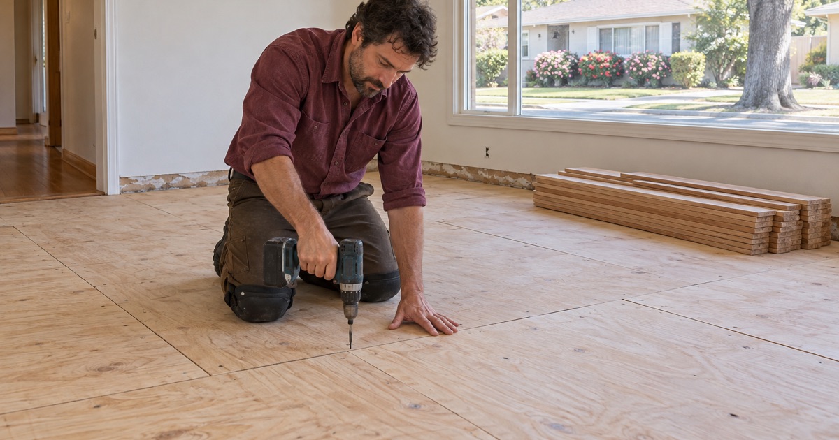 Worker driving screws into new plywood underlayment before a new oak floor goes down in a 1950s Temple City house.